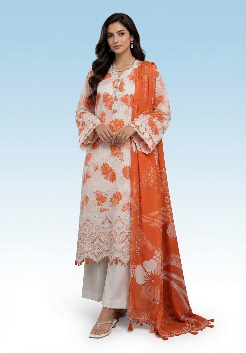 Premium Striped Lawn Digital Printed Shirt with Daman Applique Tissue Lace | Digital Printed Voil Dupatta | Comfort Dyed Trouser