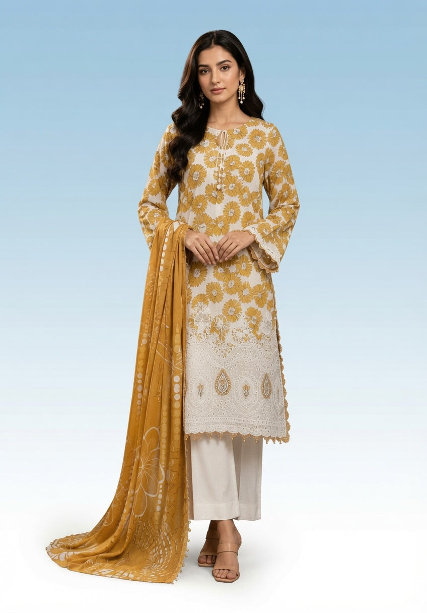 Premium Striped Lawn Digital Printed Daman Applique Tissue Lace Shirt | Digital Printed Voil Dupatta | Comfort Dyed Trouser