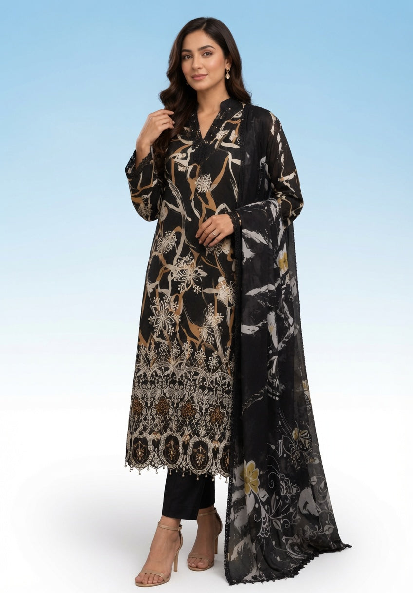 Premium Striped Lawn Digital Printed Shirt with Daman Applique Tissue Lace | Digital Printed Voil Dupatta | Comfort Dyed Trouser
