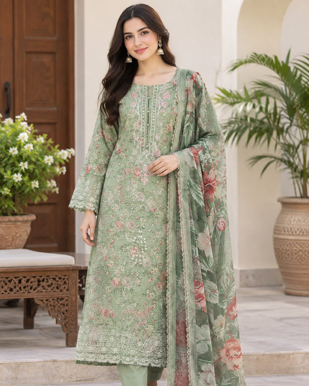 apple green embroidered lawn suit with chiffon dupatta