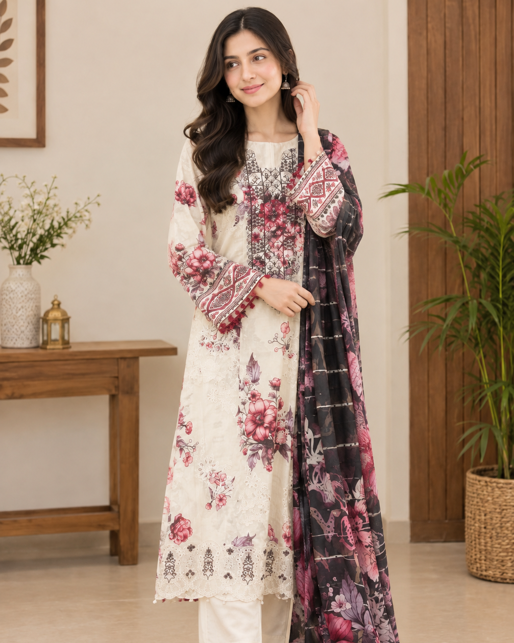 Off-White Digital Printed Lawn Kurta Set with Voile Dupatta