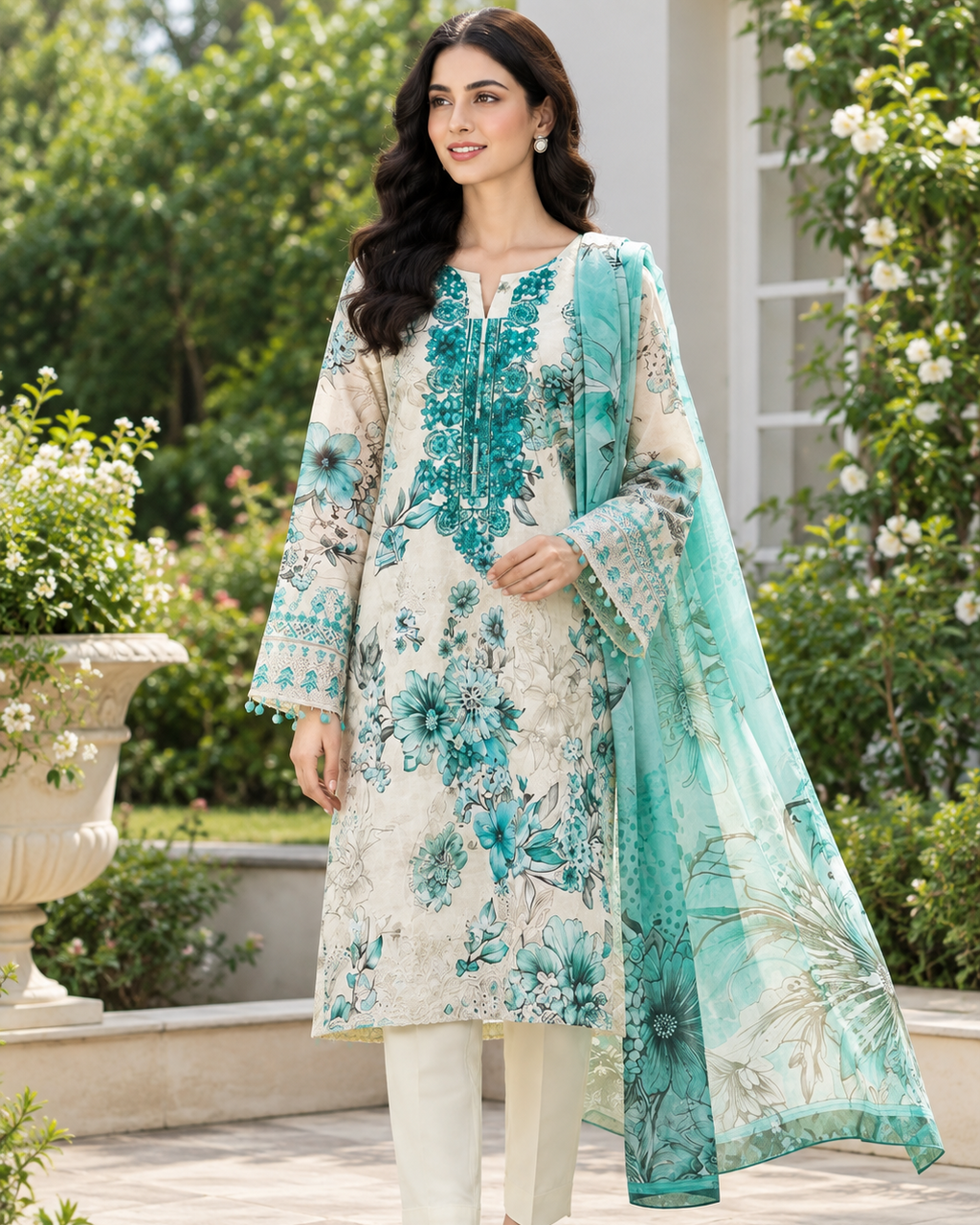Floral Embroidered Lawn Kurta Set with Printed Dupatta