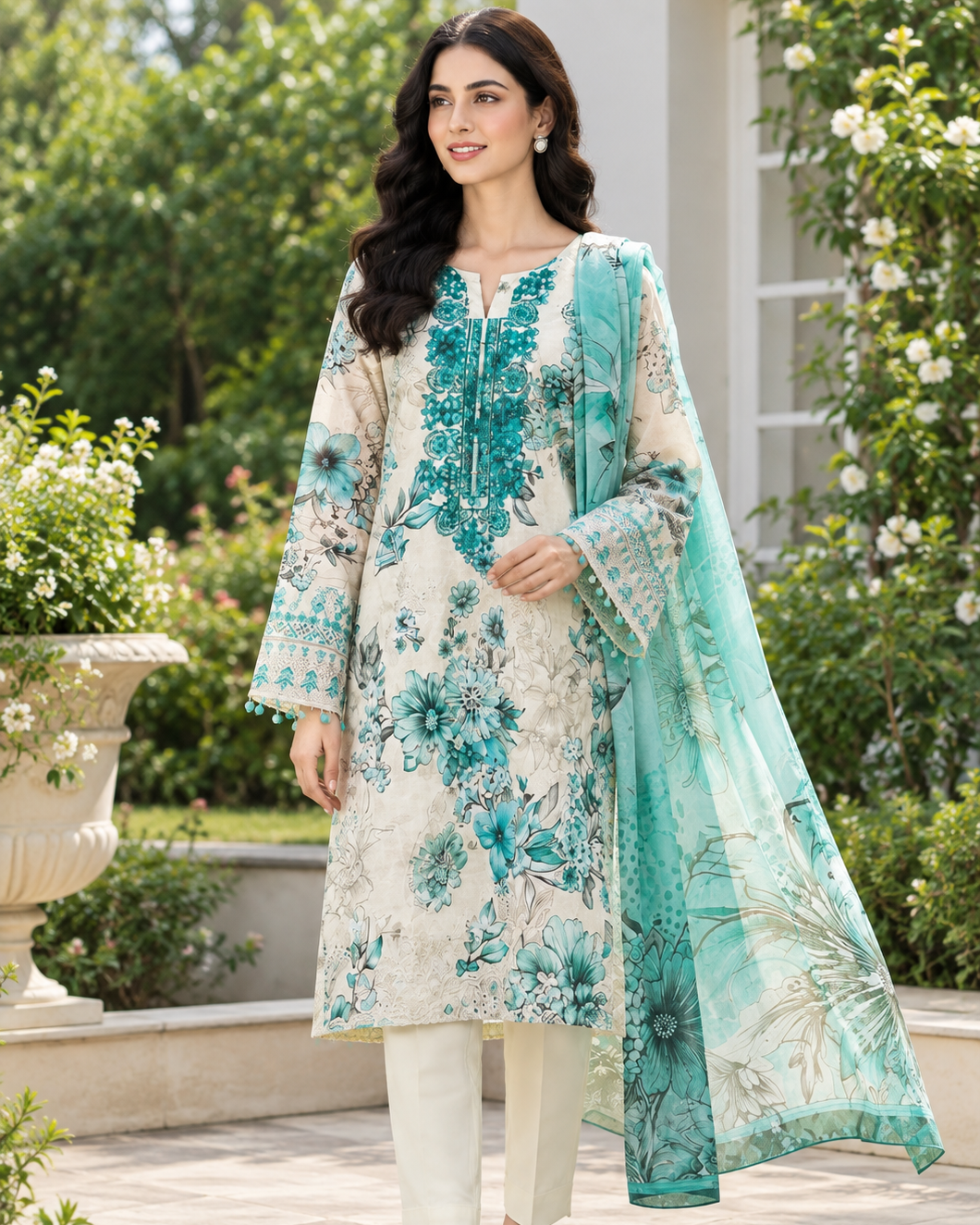 Floral Embroidered Lawn Kurta Set with Printed Dupatta