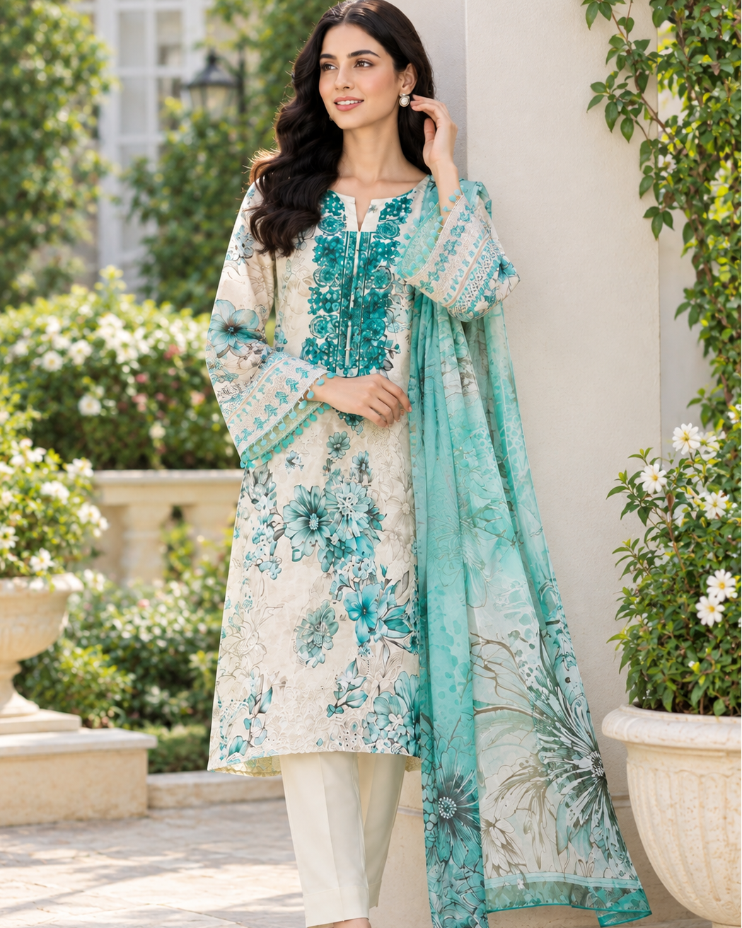 Floral Embroidered Lawn Kurta Set with Printed Dupatta