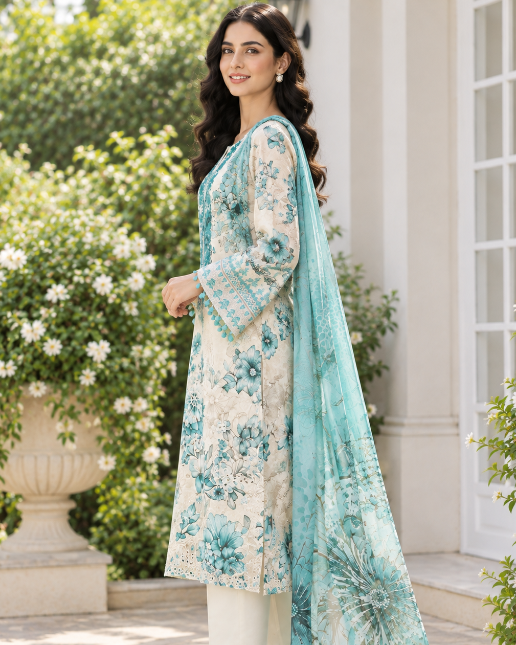 Floral Embroidered Lawn Kurta Set with Printed Dupatta