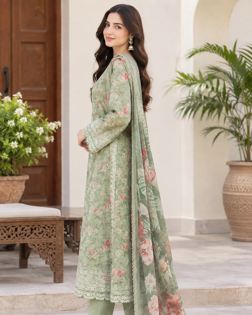 apple green embroidered lawn suit with chiffon dupatta