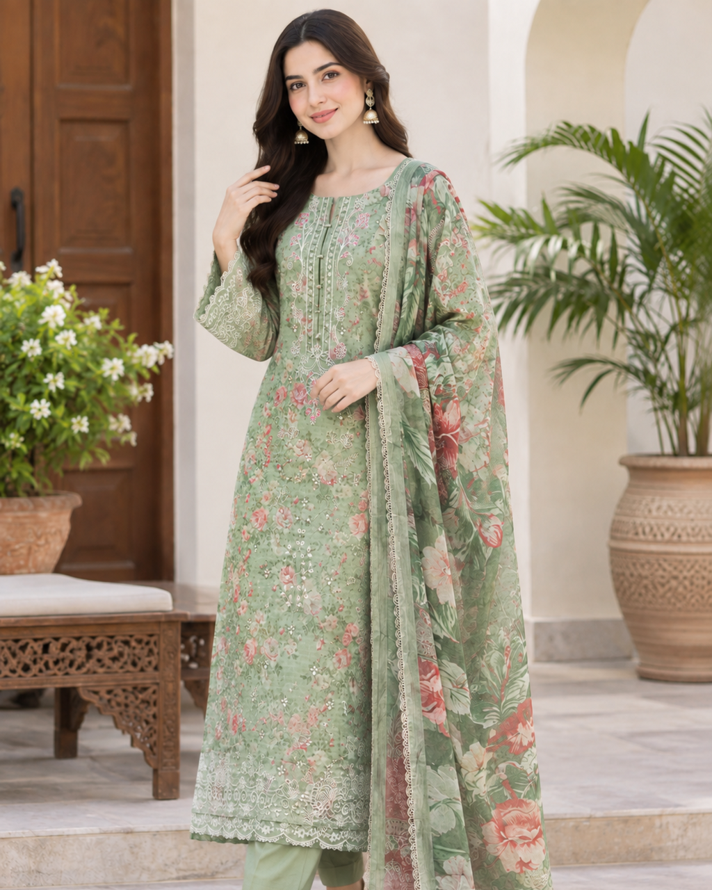 apple green embroidered lawn suit with chiffon dupatta
