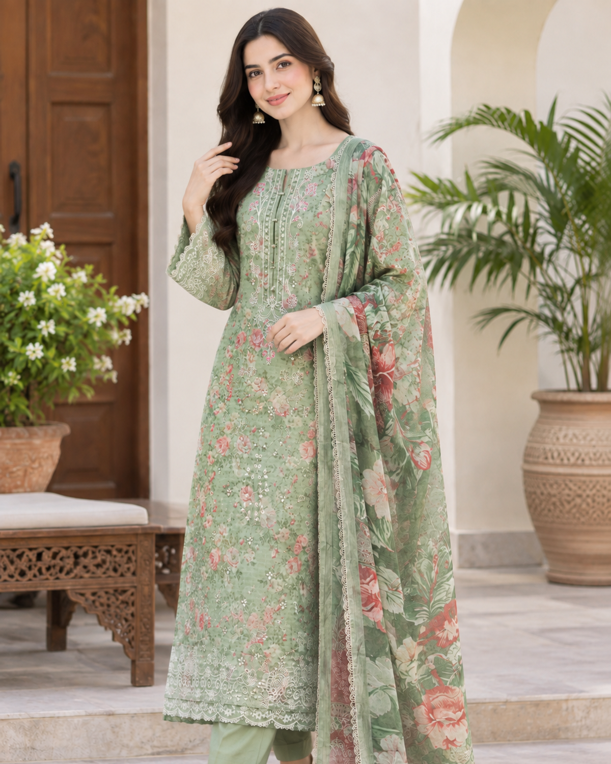 apple green embroidered lawn suit with chiffon dupatta