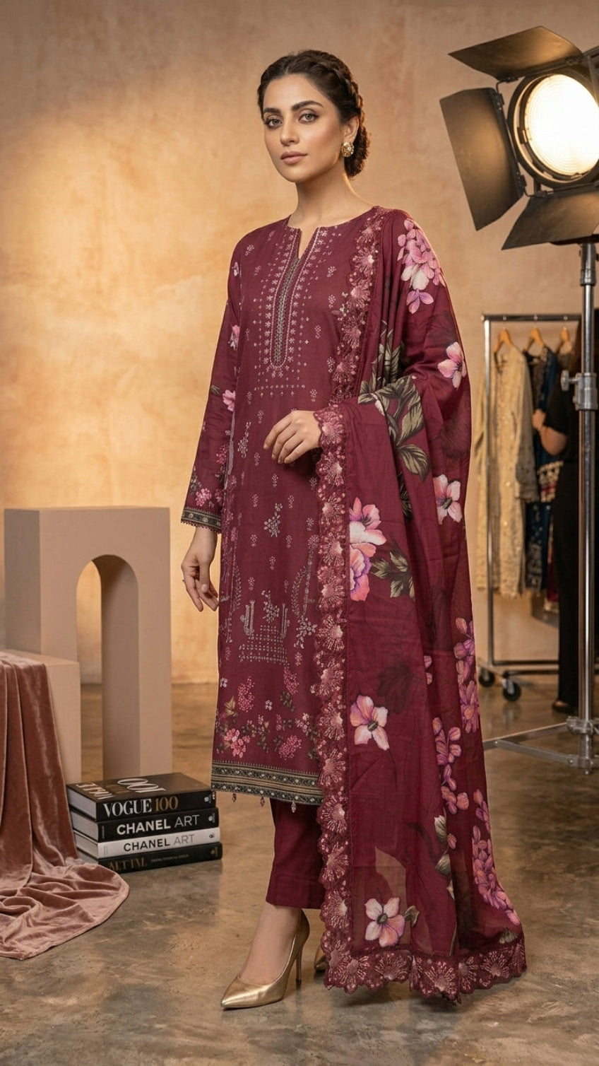 DIGITAL PREMIUM LAWN HEAVY EMBROIDERY SHIR DIGITAL PREMIUM VOIL FANC EMBROIDERY LACE DUPATA DYED TROUSER