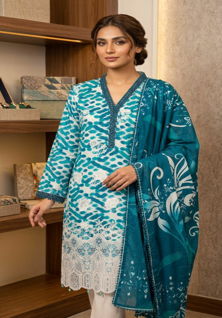 Premium Striped Lawn Digital Printed Daman Applique Tissue Lace Shirt | Digital Printed Voil Dupatta | Comfort Dyed Trouser