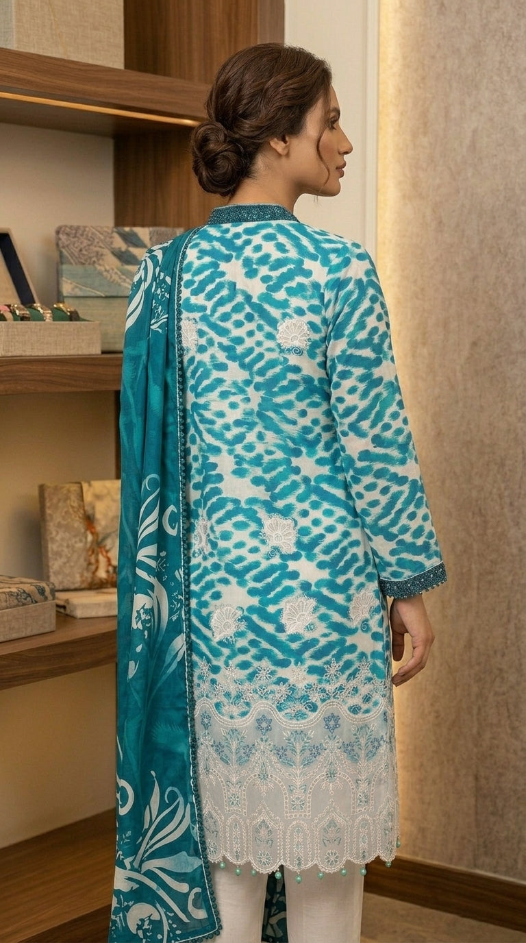 Premium Striped Lawn Digital Printed Daman Applique Tissue Lace Shirt | Digital Printed Voil Dupatta | Comfort Dyed Trouser