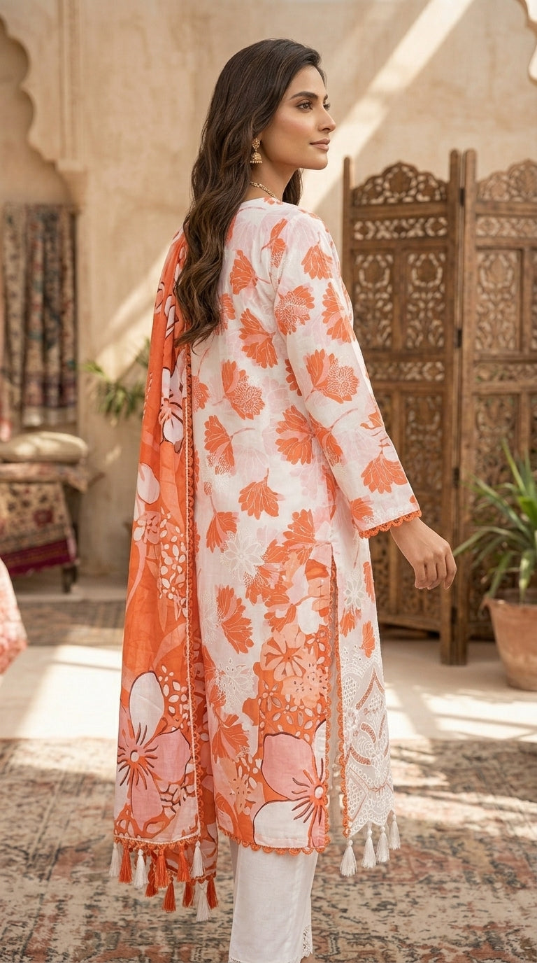 Premium Striped Lawn Digital Printed Shirt with Daman Applique Tissue Lace | Digital Printed Voil Dupatta | Comfort Dyed Trouser