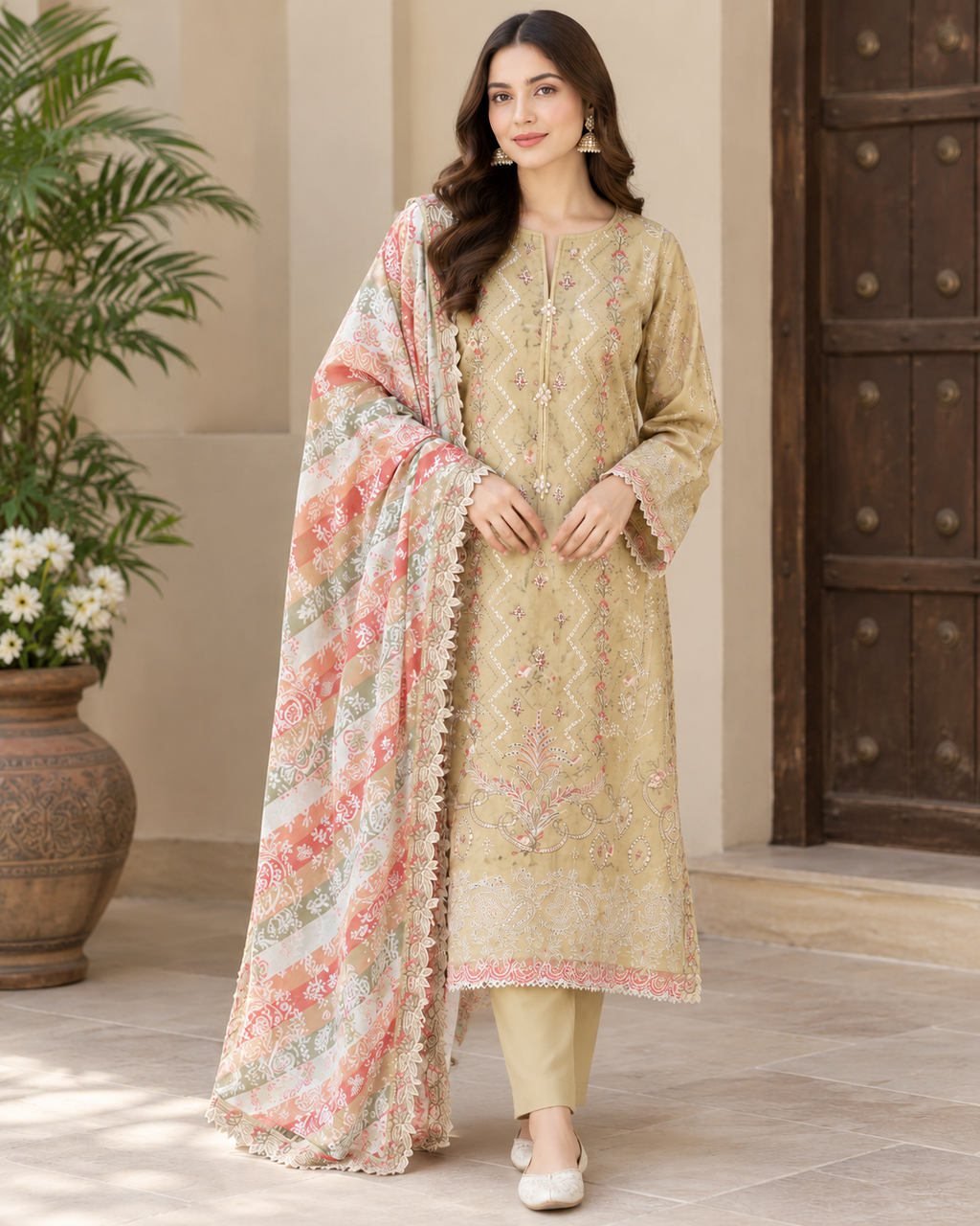 Elegant embroidered 3p suit with lawn dupatta
