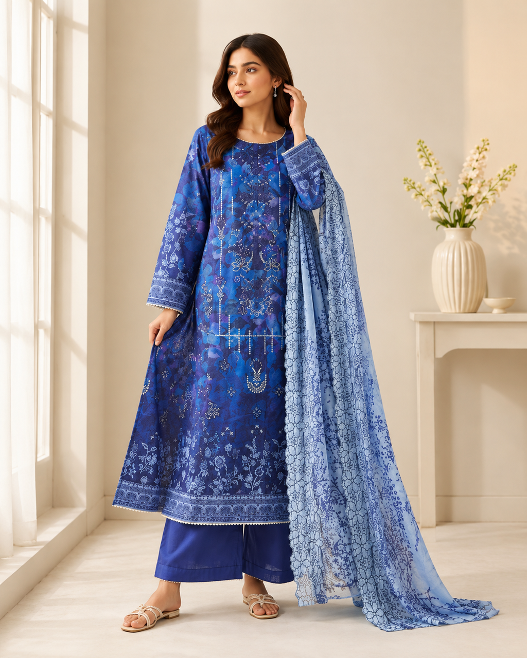 Elegant Blue embroidered Lawn Kurta Set with lawn Dupatta