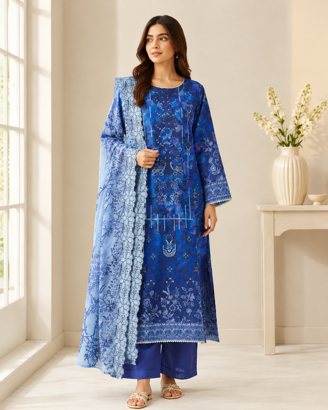 Elegant Blue embroidered Lawn Kurta Set with lawn Dupatta