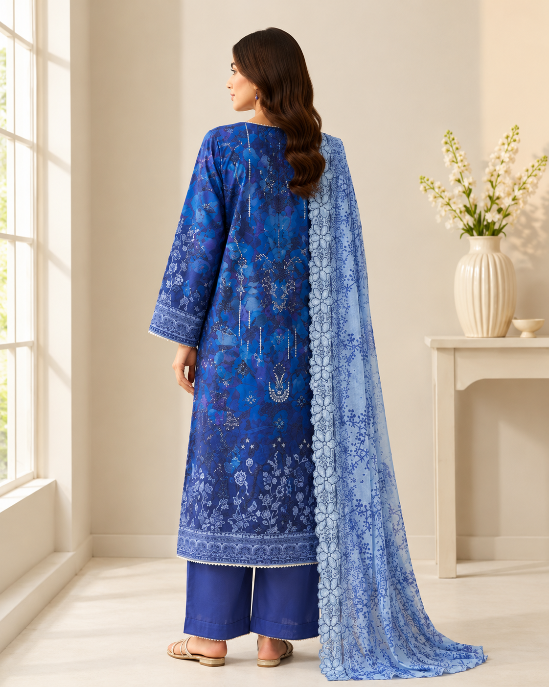 Elegant Blue embroidered Lawn Kurta Set with lawn Dupatta