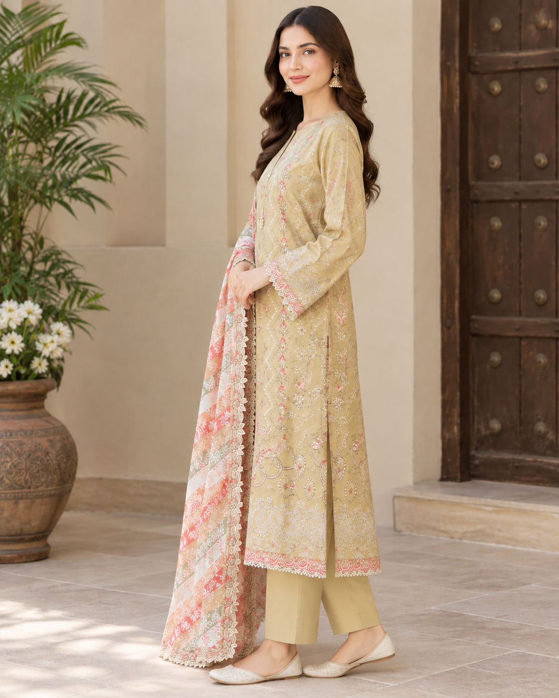 Elegant embroidered 3p suit with lawn dupatta