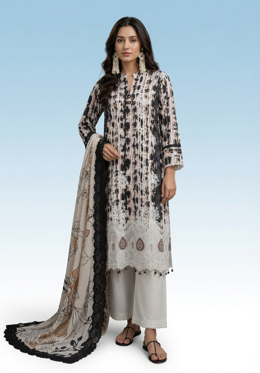 Premium Striped Lawn Digital Printed Daman Applique Tissue Lace Shirt | Digital Printed Voil Dupatta | Comfort Dyed Trouser