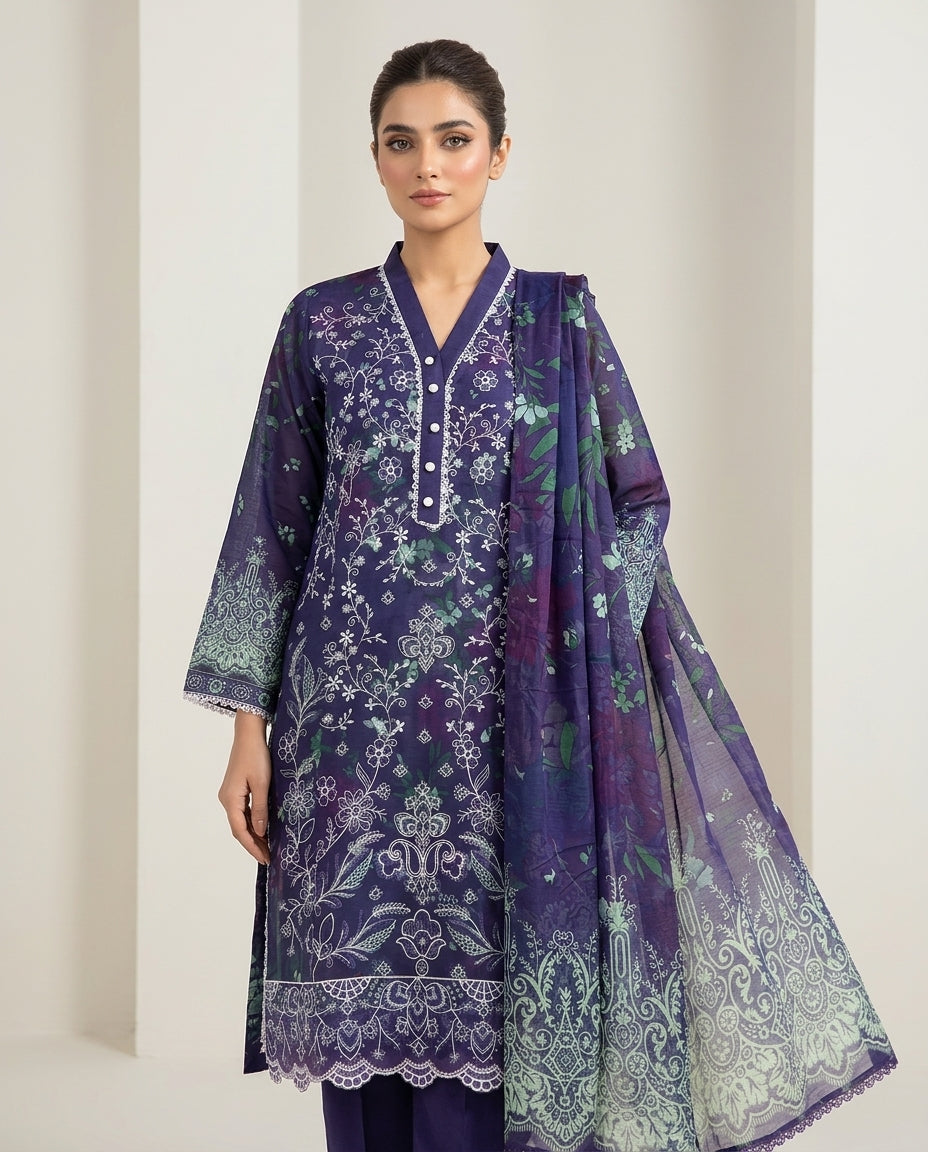 Elegant Purple Digital Embroidered Lawn Kurta Set with chiffon  Dupatta