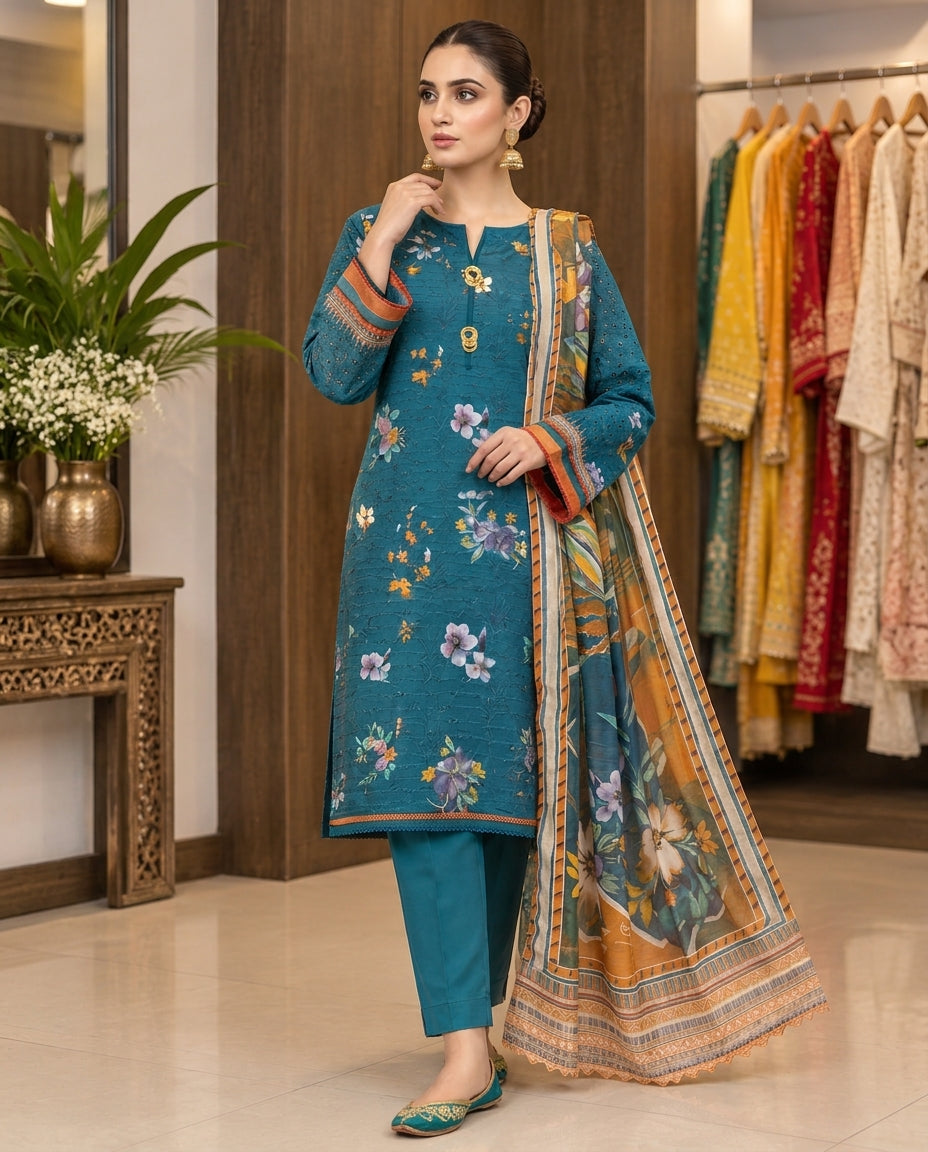 Teal Floral Embroidered Lawn Kurta Set with Dupatta