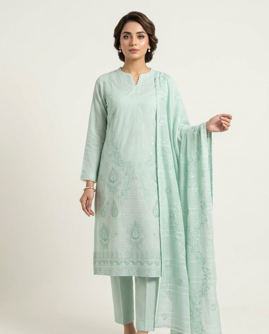 Pastel mint 3p embroidered suit with lawn embroidered dupatta