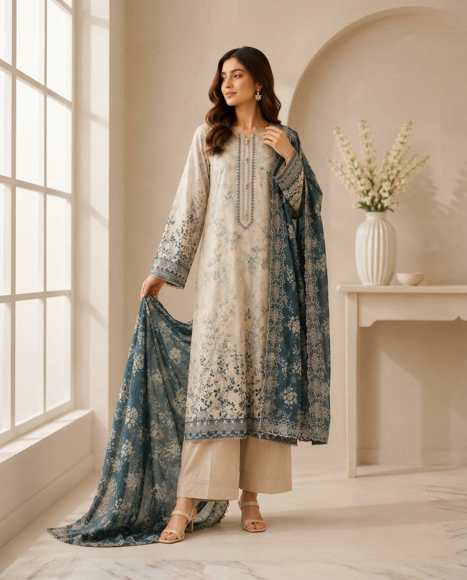 Beige Floral embroidered 3-Piece Kurta Set with embroidered  Lawn Dupatta