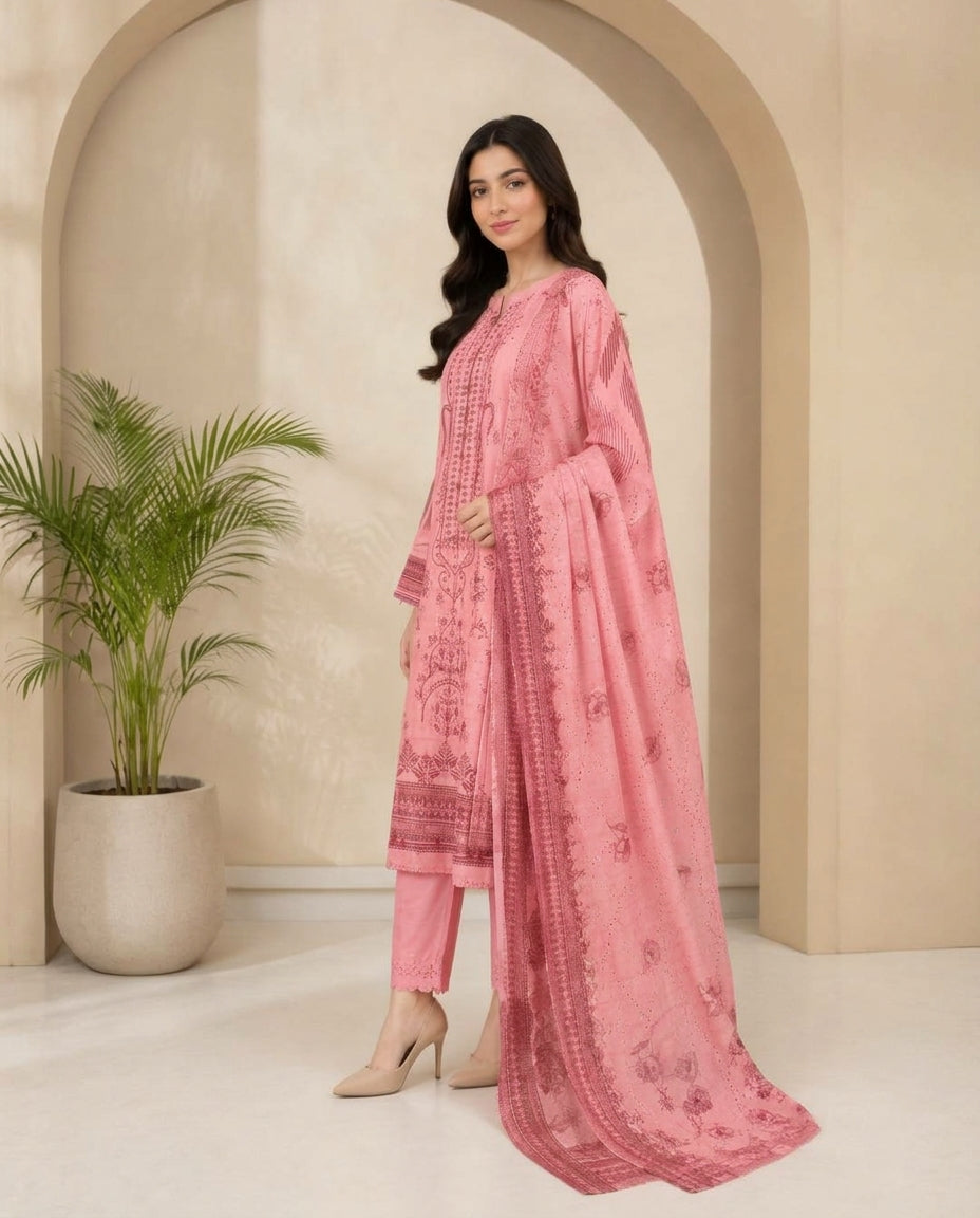 Pink Embroidered Lawn 3-Piece Kurta Set with  Lawn Dupatta