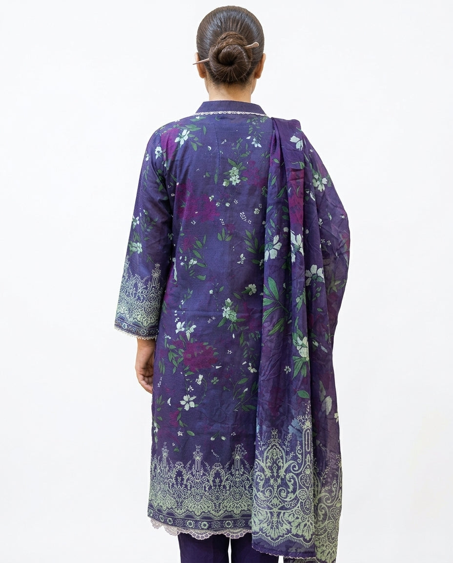 Elegant Purple Digital Embroidered Lawn Kurta Set with chiffon  Dupatta