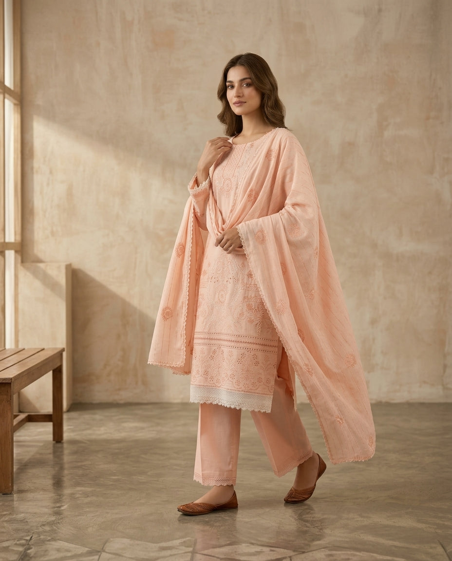 Peach Embroidered 3-Piece Kurta Set with embroidered Dupatta