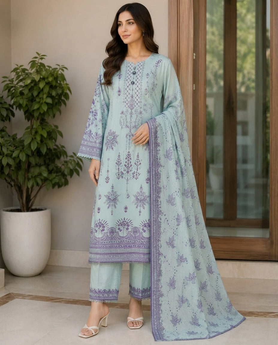 sea green embroidered 3p suite with lawn dupatta