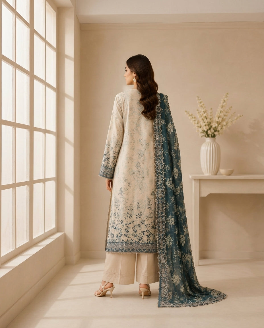 Beige Floral embroidered 3-Piece Kurta Set with embroidered  Lawn Dupatta