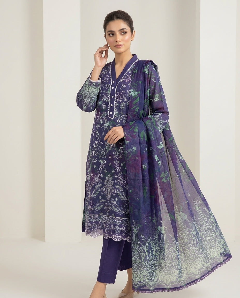 Elegant Purple Digital Embroidered Lawn Kurta Set with chiffon  Dupatta