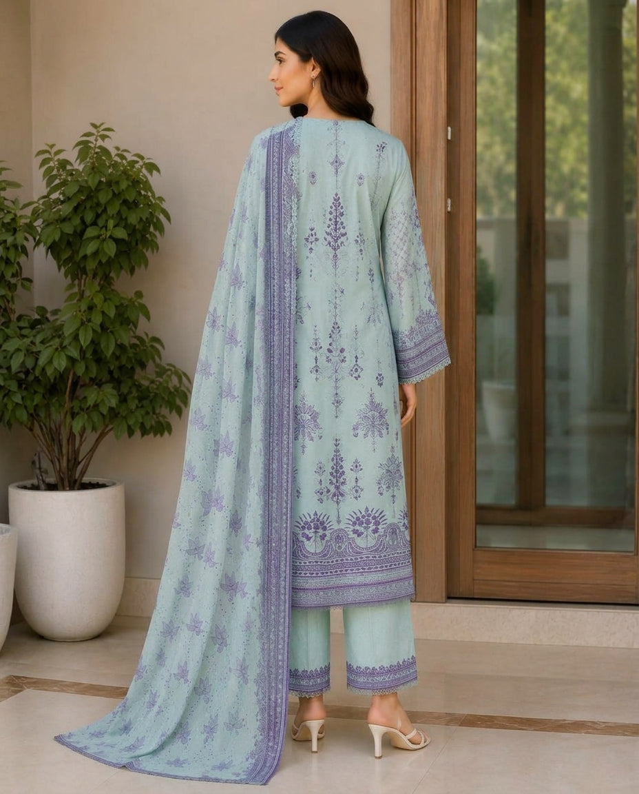 sea green embroidered 3p suite with lawn dupatta