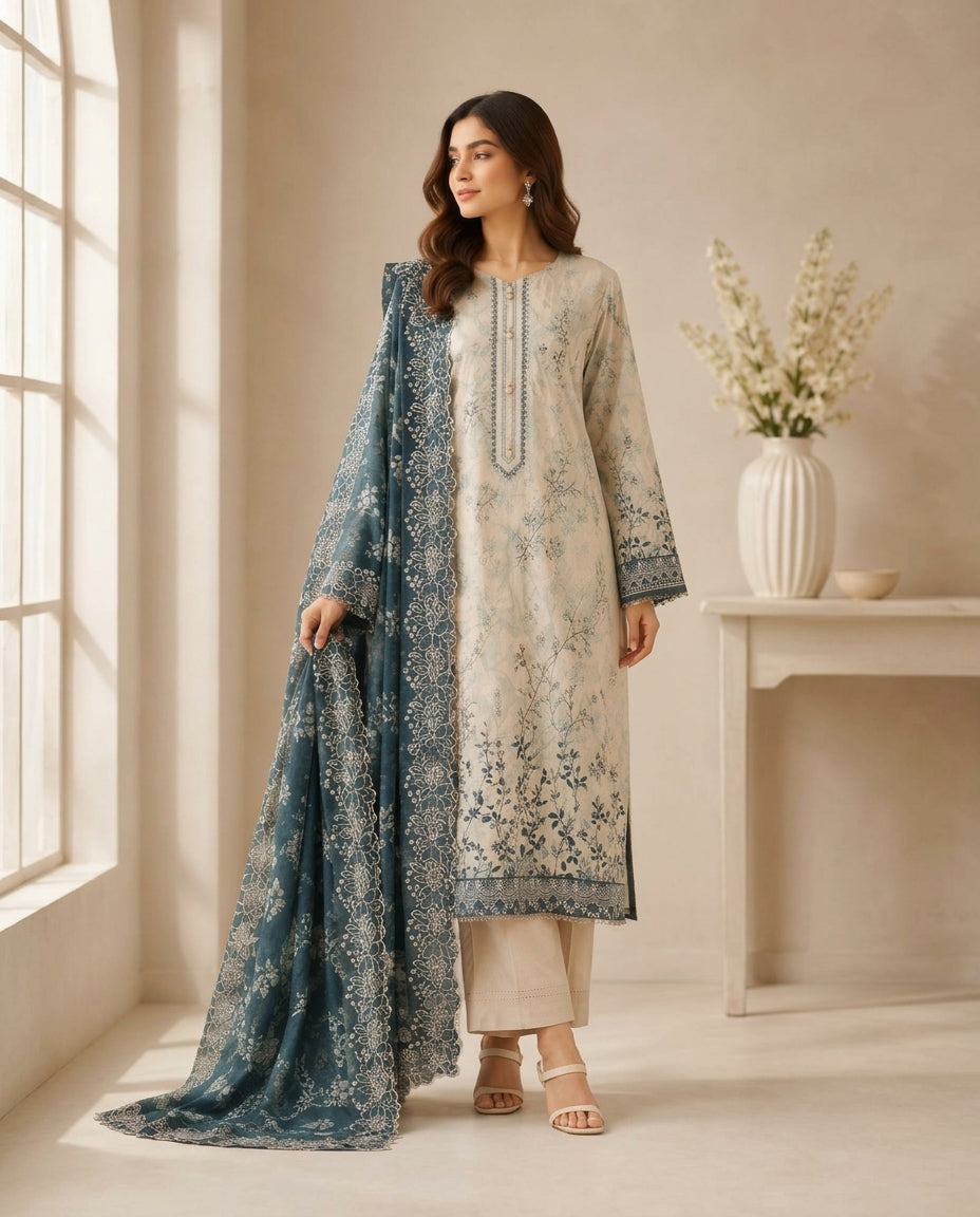 Beige Floral embroidered 3-Piece Kurta Set with embroidered  Lawn Dupatta