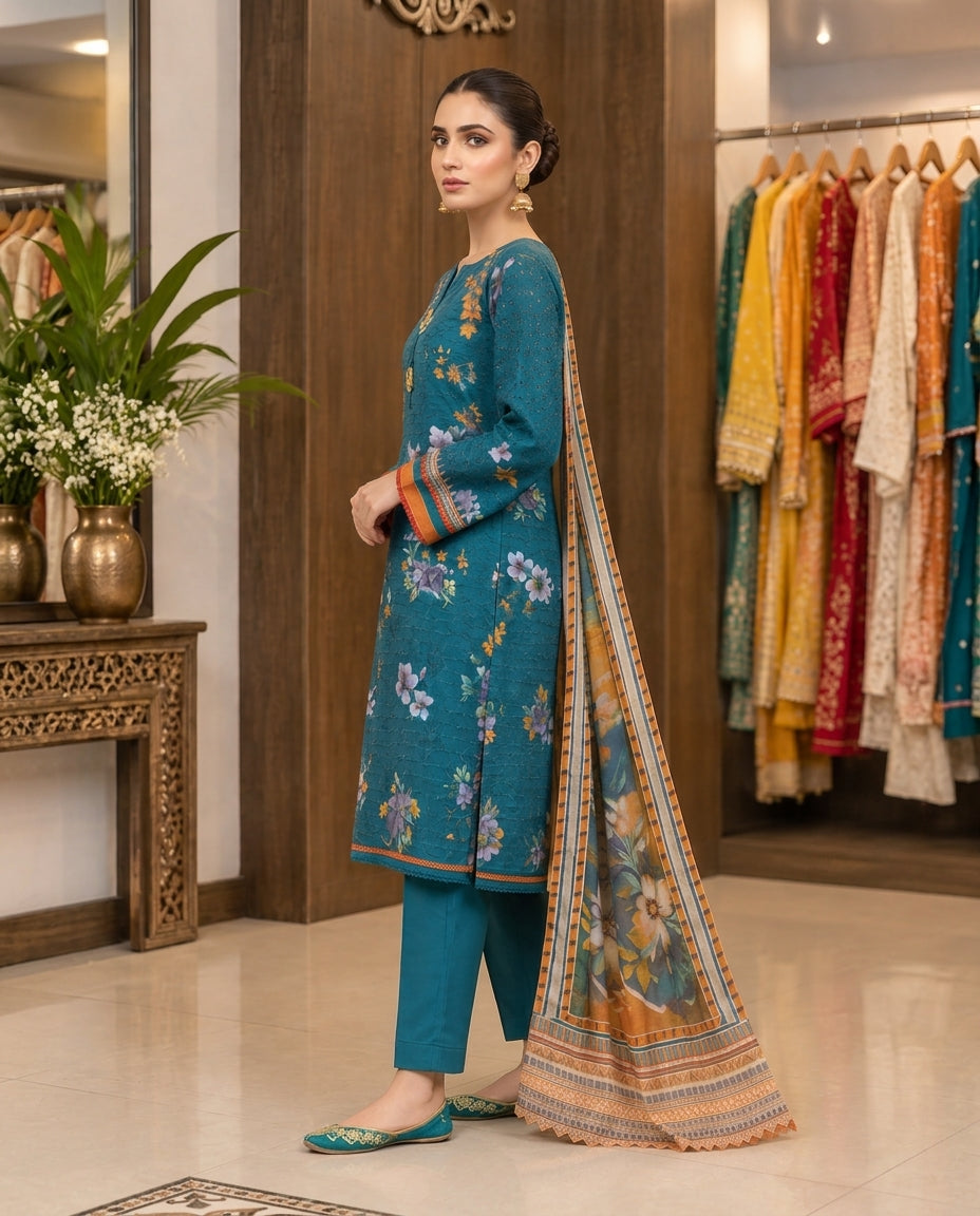 Teal Floral Embroidered Lawn Kurta Set with Dupatta