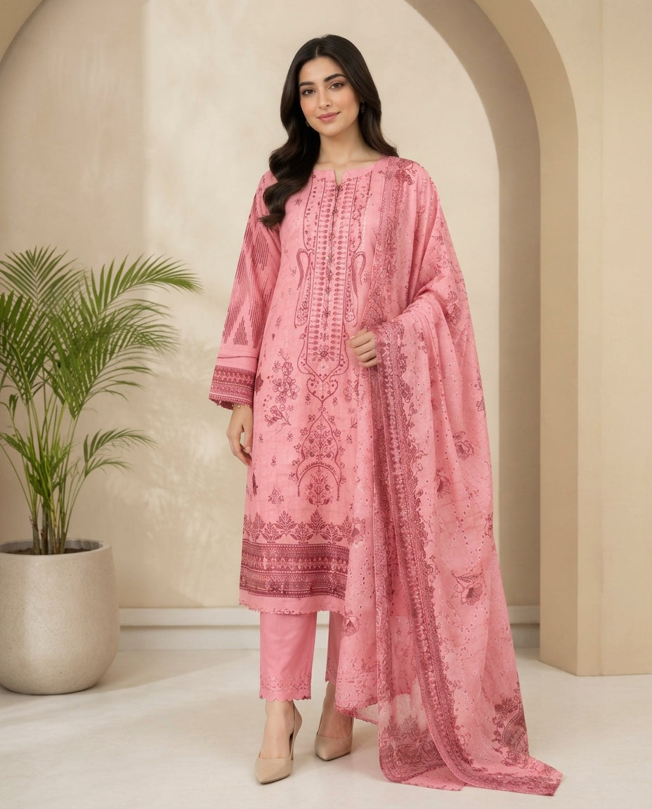 Pink Embroidered Lawn 3-Piece Kurta Set with  Lawn Dupatta