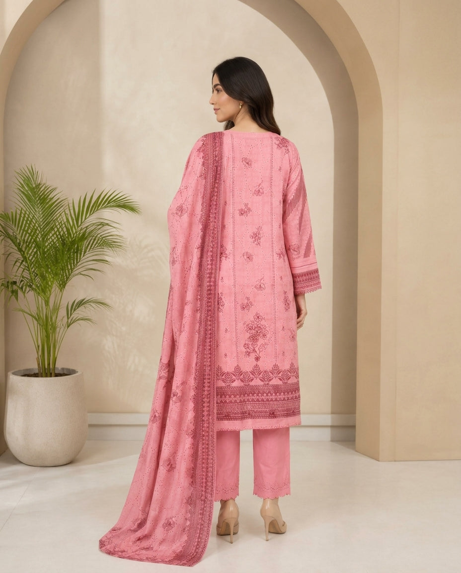 Pink Embroidered Lawn 3-Piece Kurta Set with  Lawn Dupatta