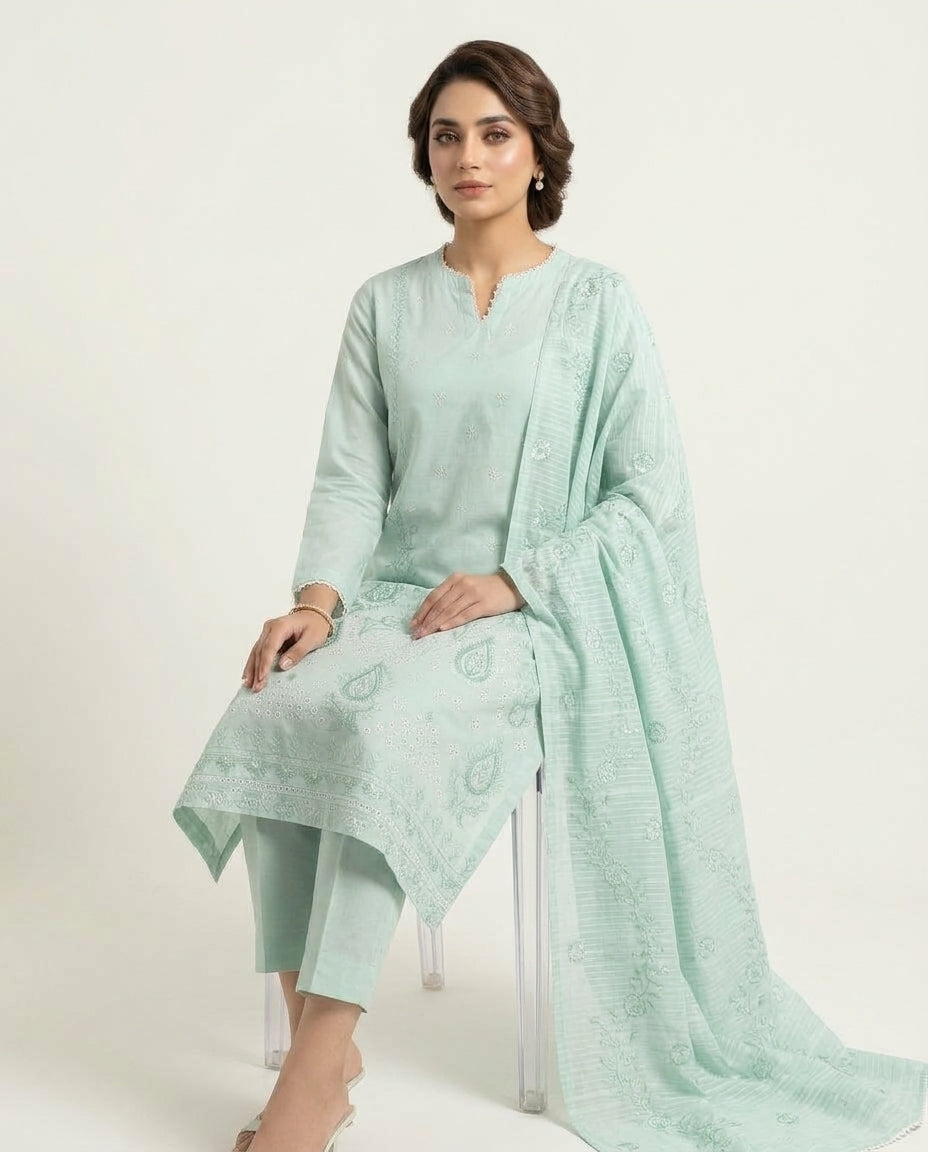 Pastel mint 3p embroidered suit with lawn embroidered dupatta