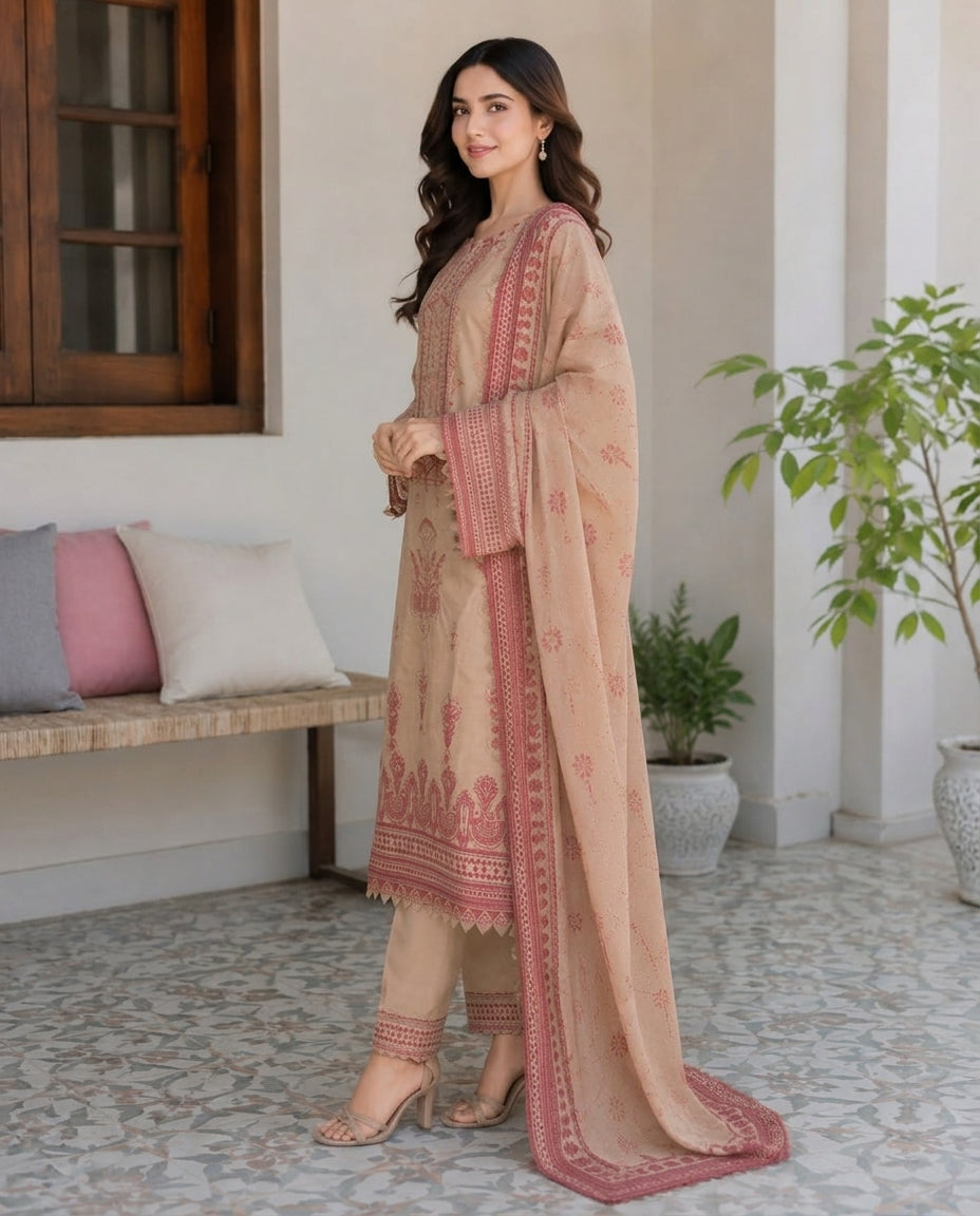 Camel Brown Embroidered Lawn 3-Piece Kurta Set with Dupatta
