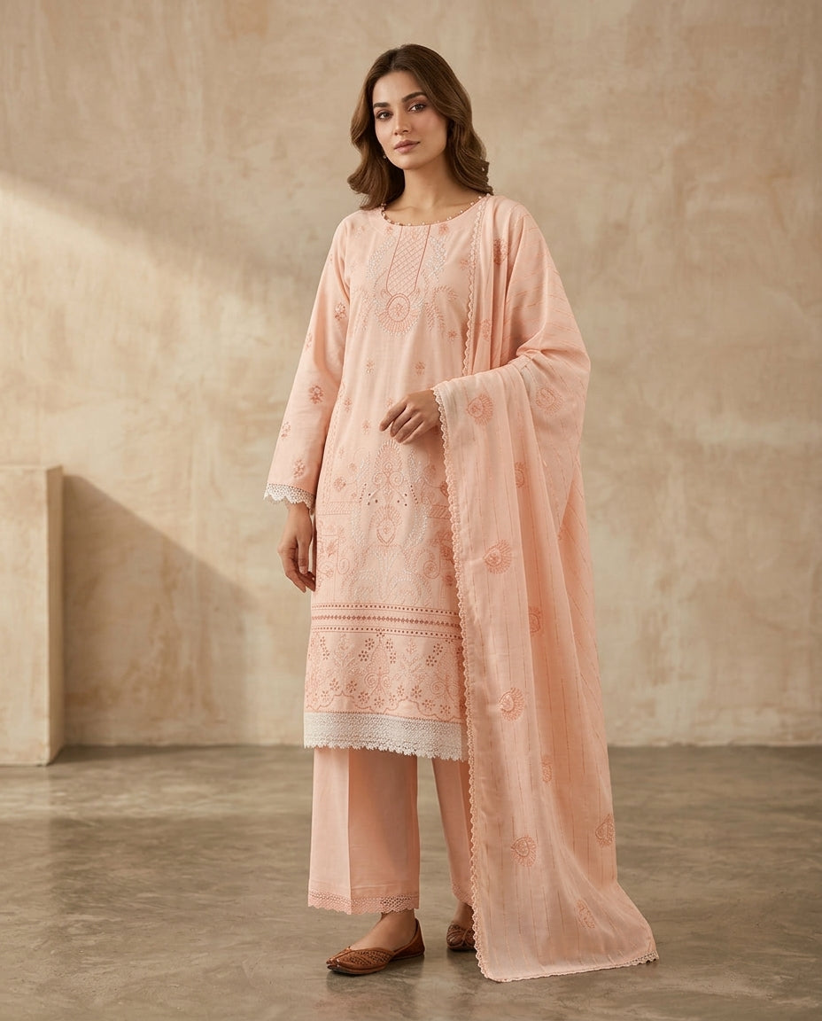 Peach Embroidered 3-Piece Kurta Set with embroidered Dupatta