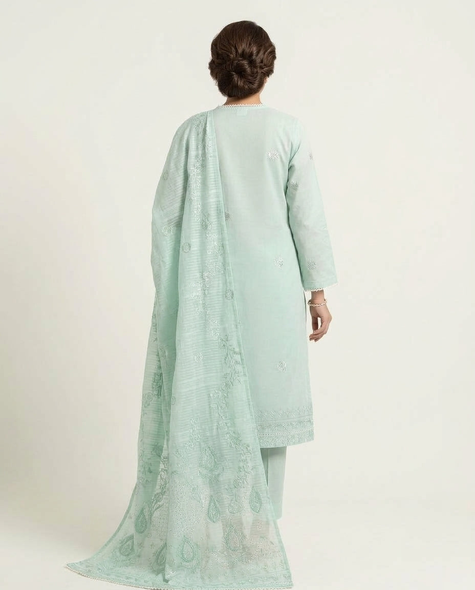 Pastel mint 3p embroidered suit with lawn embroidered dupatta