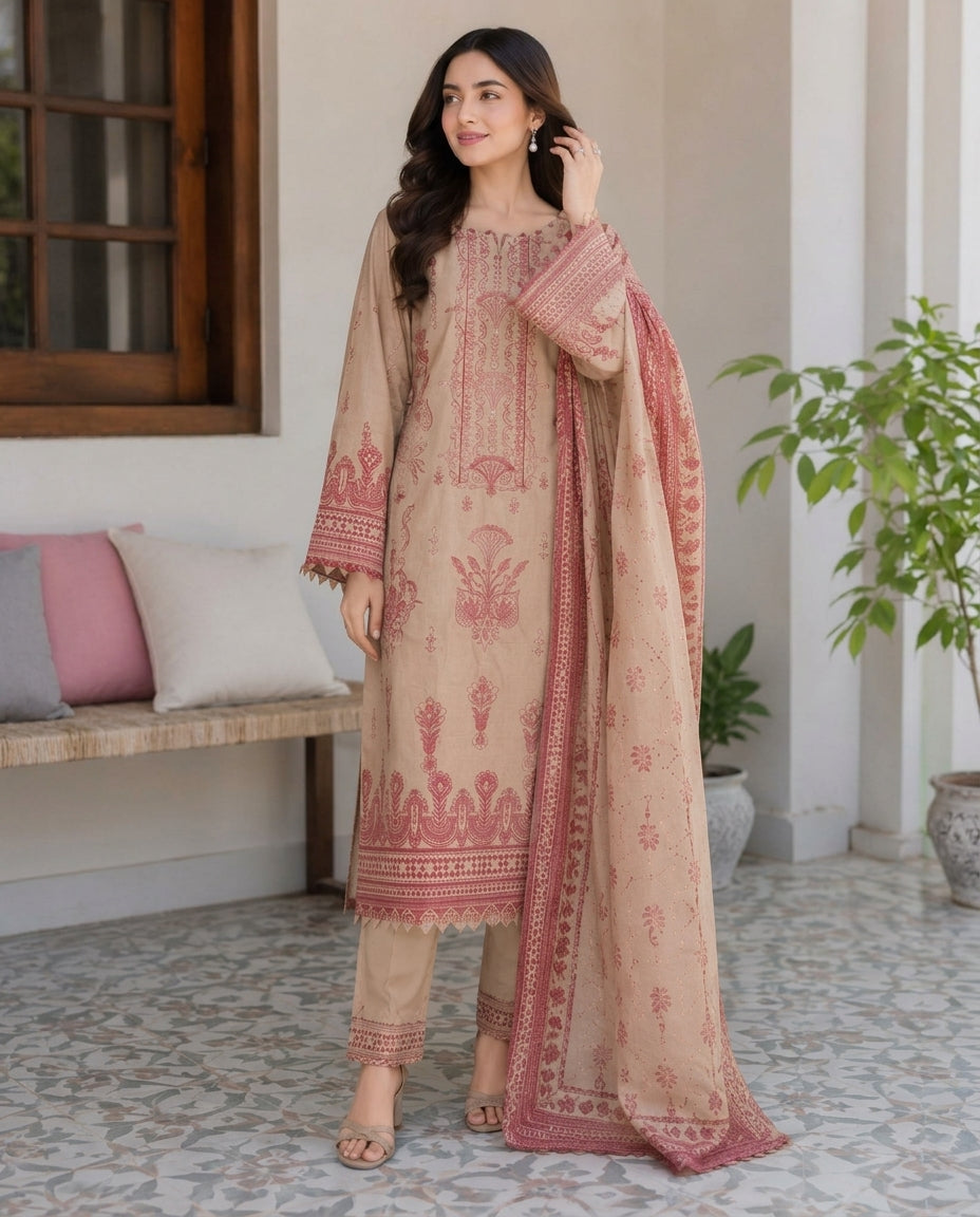Camel Brown Embroidered Lawn 3-Piece Kurta Set with Dupatta