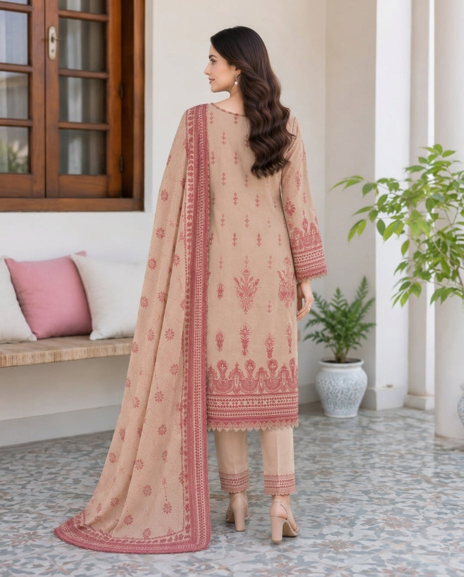 Camel Brown Embroidered Lawn 3-Piece Kurta Set with Dupatta