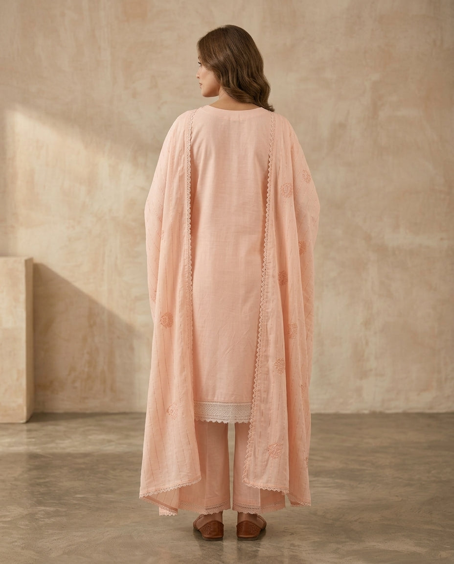 Peach Embroidered 3-Piece Kurta Set with embroidered Dupatta