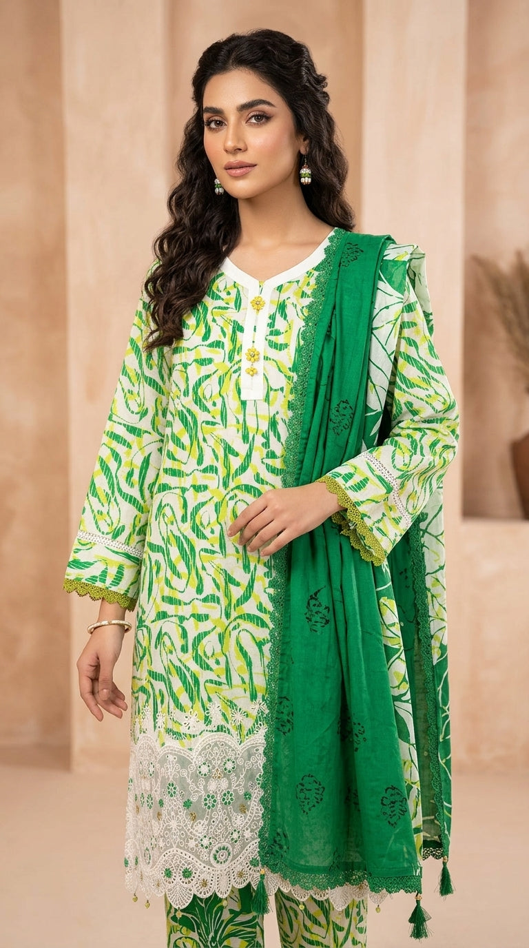 Premium Striped Lawn Digital Printed Daman Applique Tissue Lace Shirt | Digital Printed Voil Dupatta | Comfort Dyed Trouser