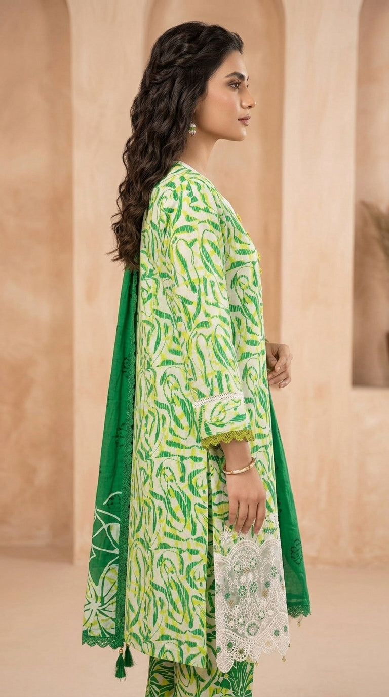 Premium Striped Lawn Digital Printed Daman Applique Tissue Lace Shirt | Digital Printed Voil Dupatta | Comfort Dyed Trouser