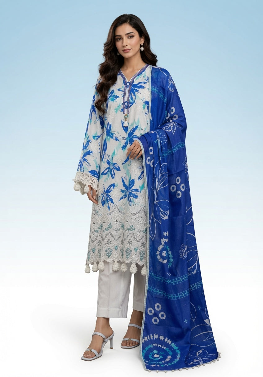 Premium Striped Lawn Digital Printed Daman Applique Tissue Lace Shirt | Digital Printed Voil Dupatta | Comfort Dyed Trouser