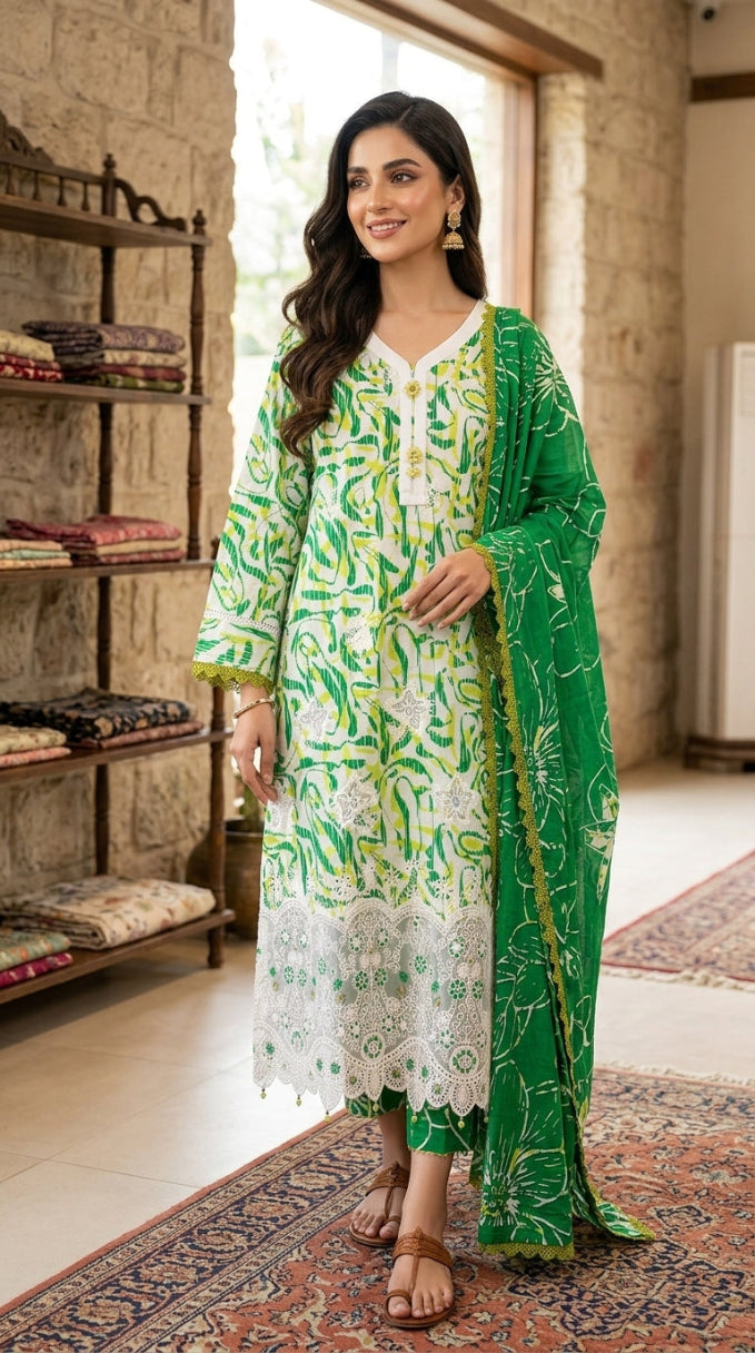 Premium Striped Lawn Digital Printed Daman Applique Tissue Lace Shirt | Digital Printed Voil Dupatta | Comfort Dyed Trouser