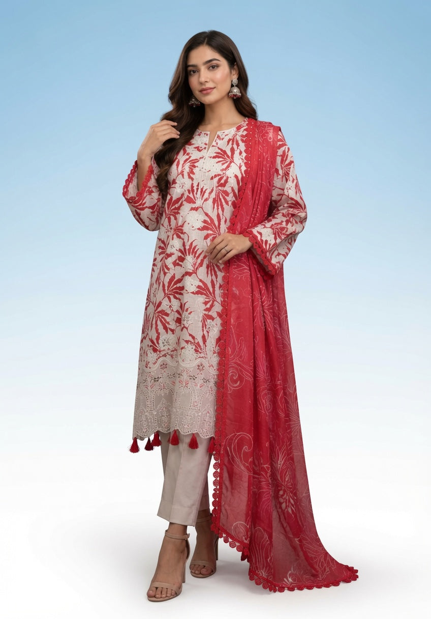 Premium Lawn Digital Printed Shirt with Daman Applique Tissue Lace | Digital Printed Voil Dupatta | Comfort Dyed Trouser