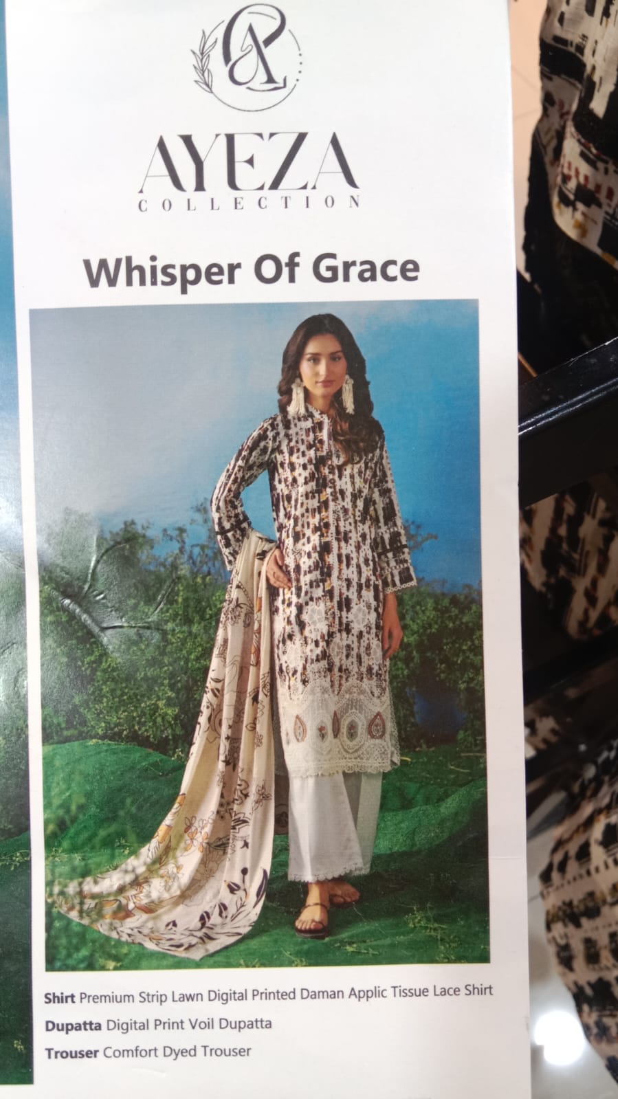 Premium Striped Lawn Digital Printed Daman Applique Tissue Lace Shirt | Digital Printed Voil Dupatta | Comfort Dyed Trouser